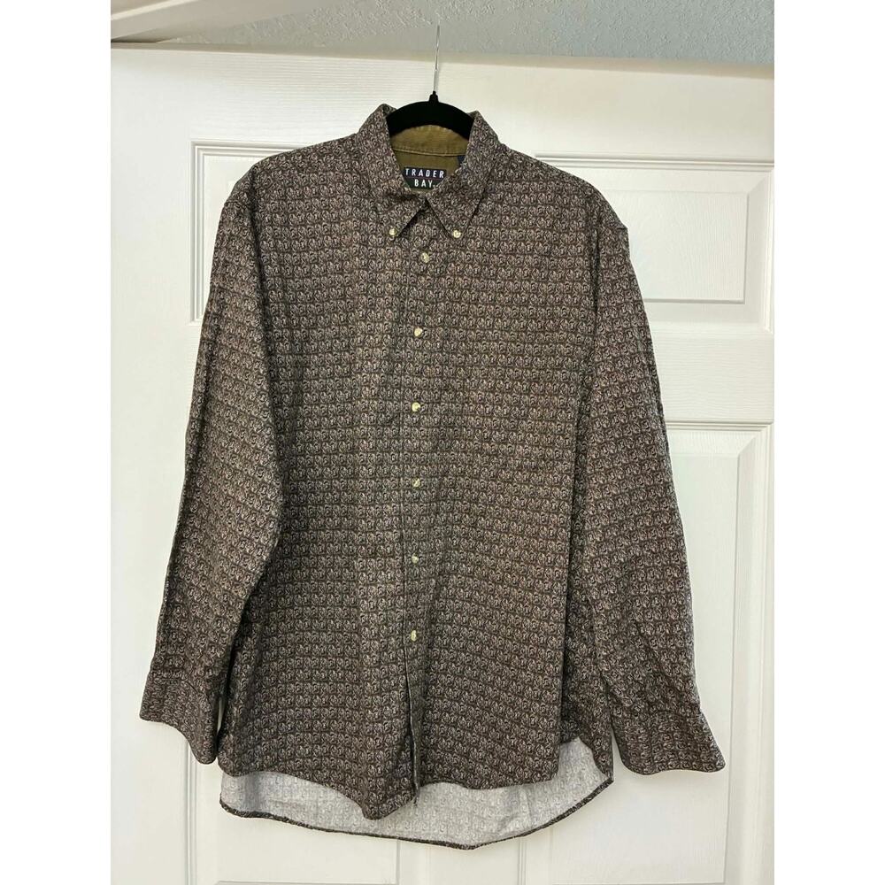 Trader Bay Button Down Shirt Mens L Brown Geometric Print Cotton Long Sleeve